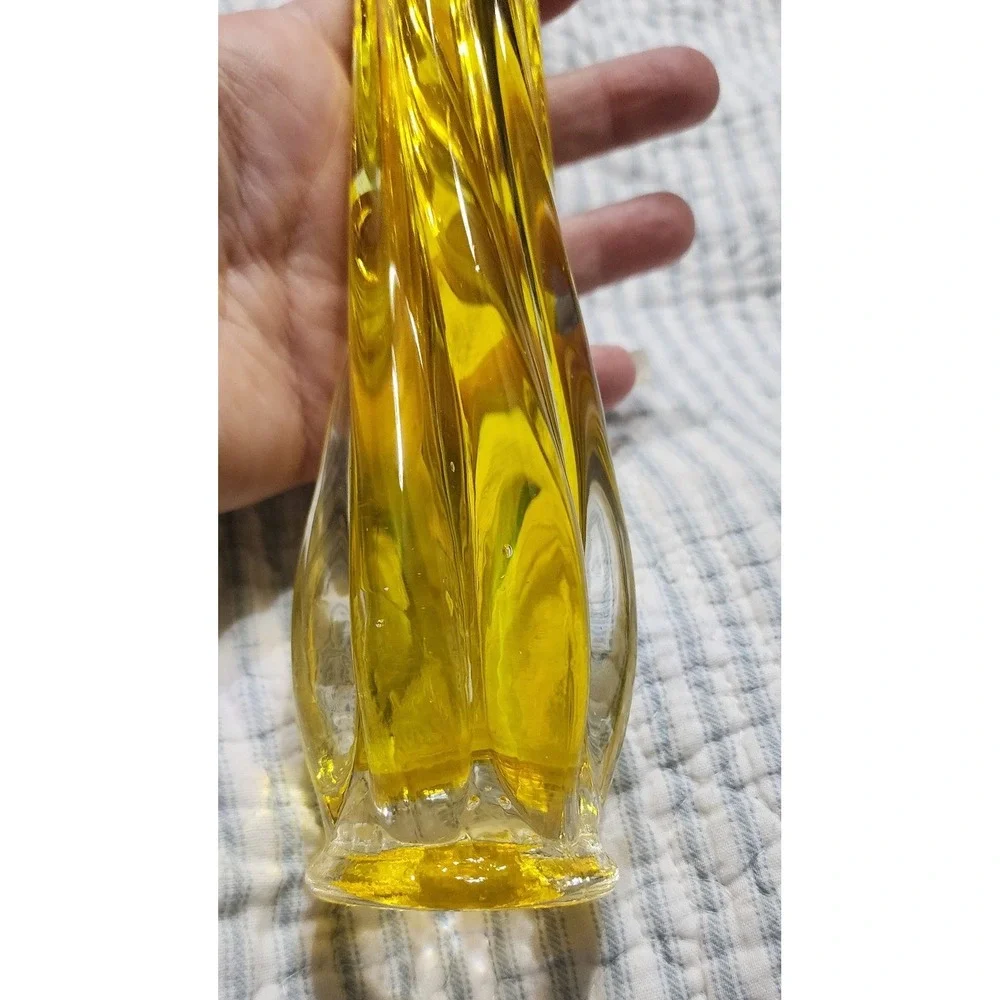 Vintage Yellow Cadmium Art Glass Bud Vase Twisted Swirl Mid Century 9 Inch